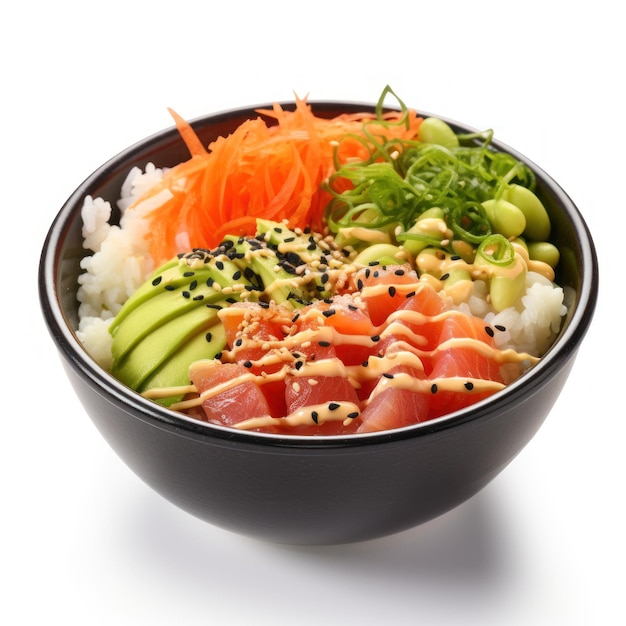 Poke bowl Raw fish over rice topped with veggies and sauce isolated