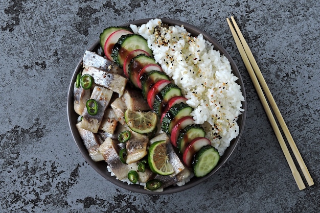 Poke bowl with herring. Healthy Colorful Poke Bowl