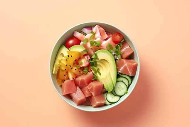 Poke bowl with red fish avocado and greens on beige bedding Generated by AI