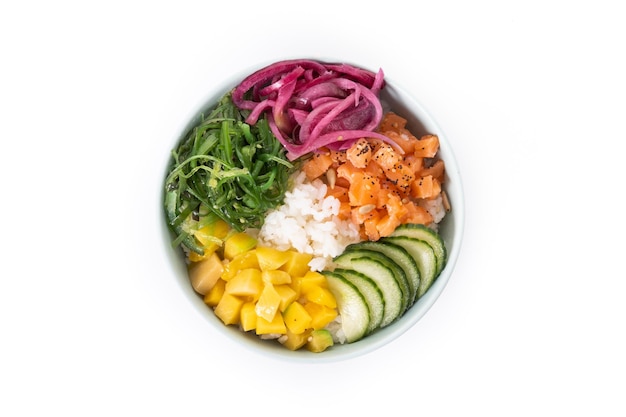 Poke bowl with rice salmoncucumbermangoonionwakame salad poppy seeds ands sunflowers seeds isolated on white background