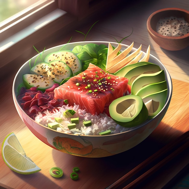 A poke bowl with spicy tuna rice avocado slices and crispy garlic illustration world tuna day