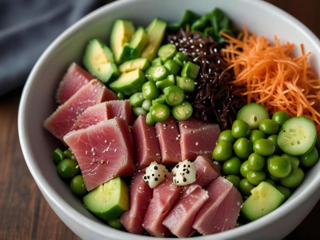 Poke is served on a bed of fluffy white rice and garnished with sesame seeds