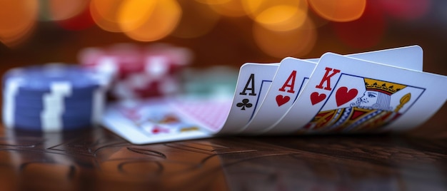 Photo poker banner with copy space closeup of three cards and chips on the table