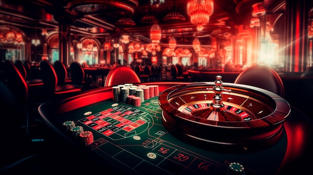 Poker casino online casino concept with laptop roulette and chips Generative AI