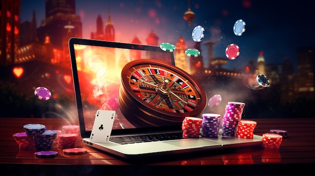 Photo poker casino online casino concept with laptop roulette and chips generative ai