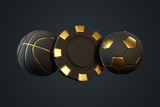 Poker chip basketball and soccer ball on dark background 3D render illustration