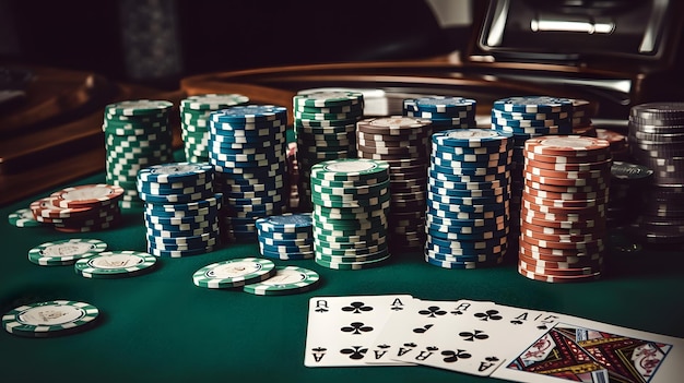 Poker chips and cards on a table with a poker table in the background