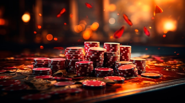 Poker chips en geld in een casino tafel poker concept
