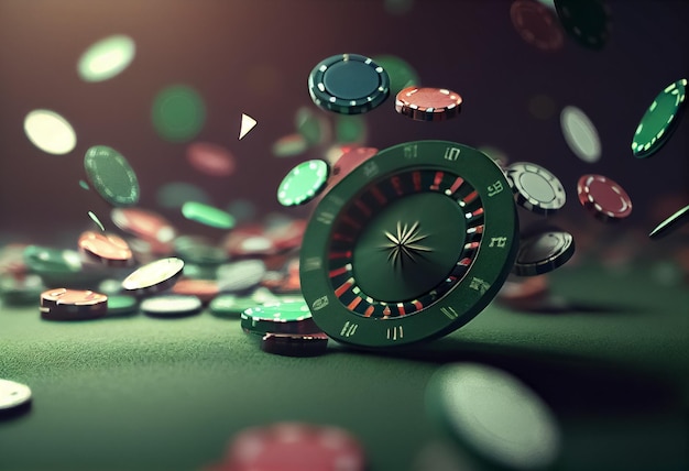 Poker chips on a gaming table with beautiful lighting