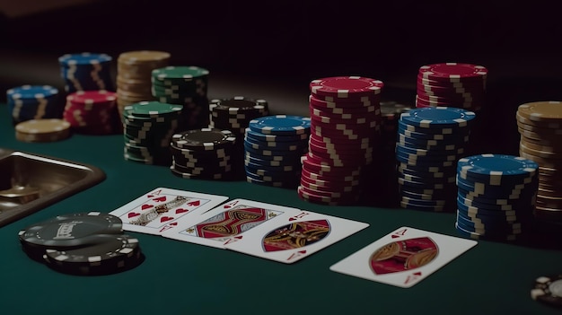 Poker chips on a green table with a red and white card on the top.