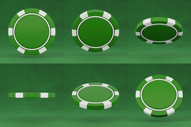 Poker chips isolated on green background. Set of green casino chips in different position on green table. 3d render.