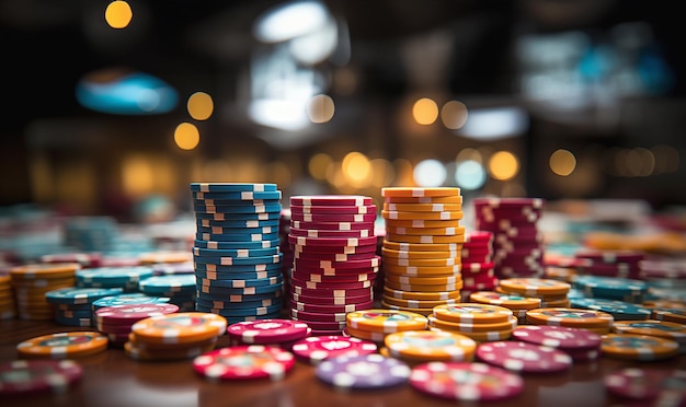 Фото Покерные фишки на игровом столе с ярким освещением в казино на покерном столе крупным планом на фишках