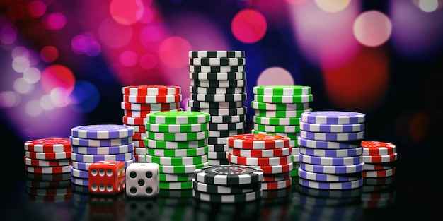 poker chips piles and dice on abstract bokeh background 3d illustration