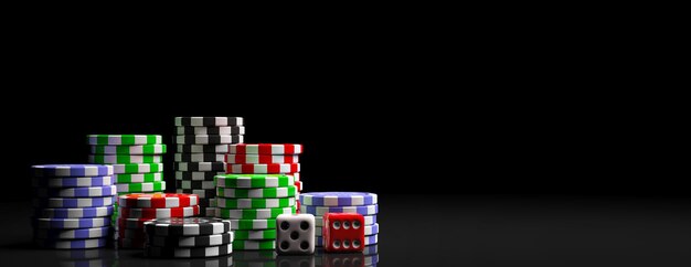 Poker chips piles and dice on black background banner copy space 3d illustration