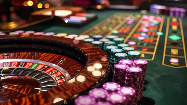 poker chips on a poker table and roulette