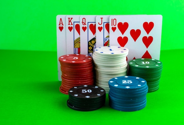 Poker chips and royal flush