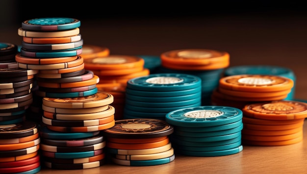 Poker chips on a table in a casino with AI generated