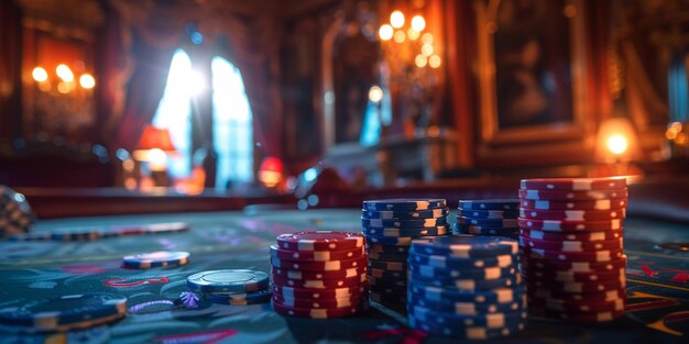 Poker chips on table in casino