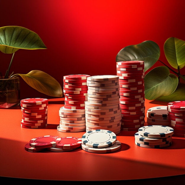 Poker chips on a table with a red background with a red background.