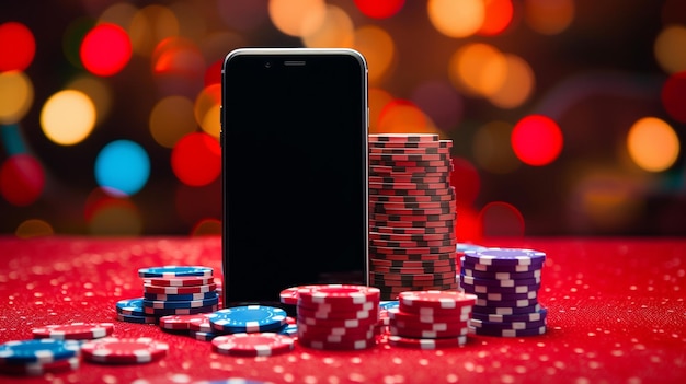 Foto fiches di poker con telefono cellulare sul tavolo