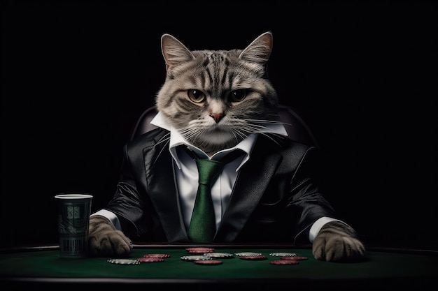 Poker Face Cat In Suit And Sunglasses On Black Background Generative AI