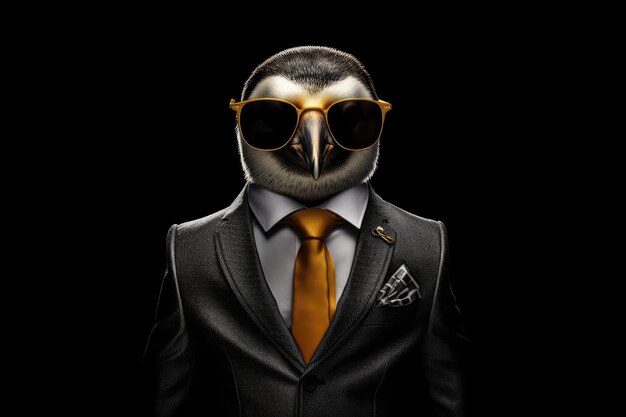 Poker Face Penguin In Suit And Sunglasses On Black Background Generative AI