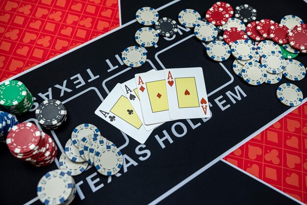 Poker hight combination with play card and chips on casino club