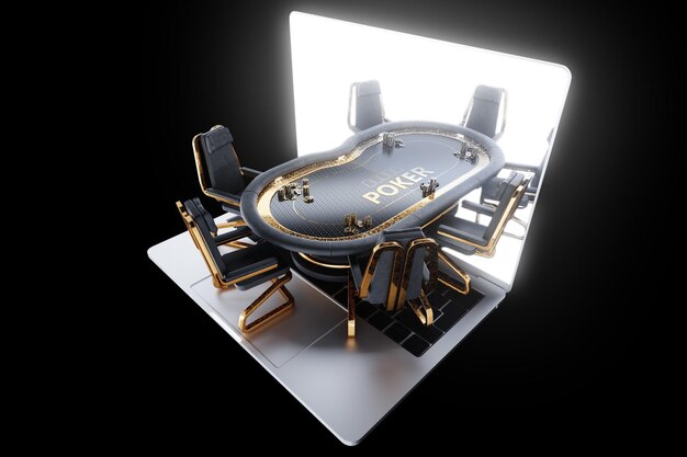 Poker online poker table in laptop screen poker room Poker game online casino Texas hold'em application card games Modern design magazine style 3D render 3D illustration