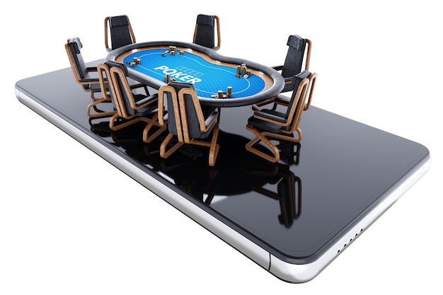 Poker online poker table on smartphone screen poker room Poker game online casino Texas hold'em application card games Modern design magazine style 3D render 3D illustration