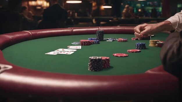 Poker play chips and cards on the green table