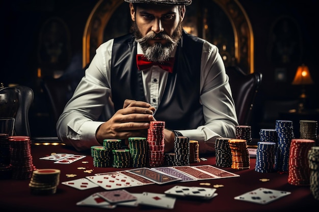Игрок в покер с картами и фишками за столом казино