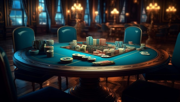 Poker table in casino with chips and cards with AI generated