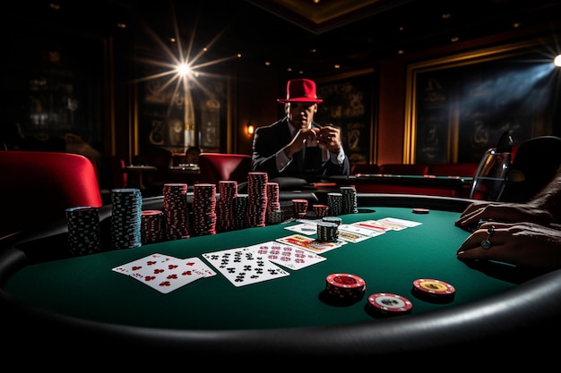 Poker table with cards chips and players dealing their cards