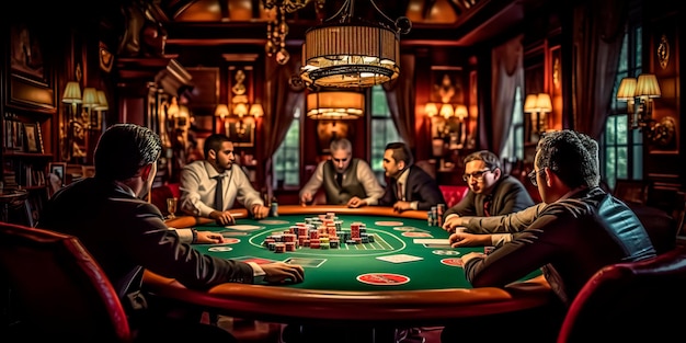 Poker table with cards chips and players dealing their cards