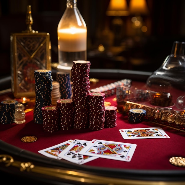 a poker table with chips and cards on it in the style of dynamic and energetic