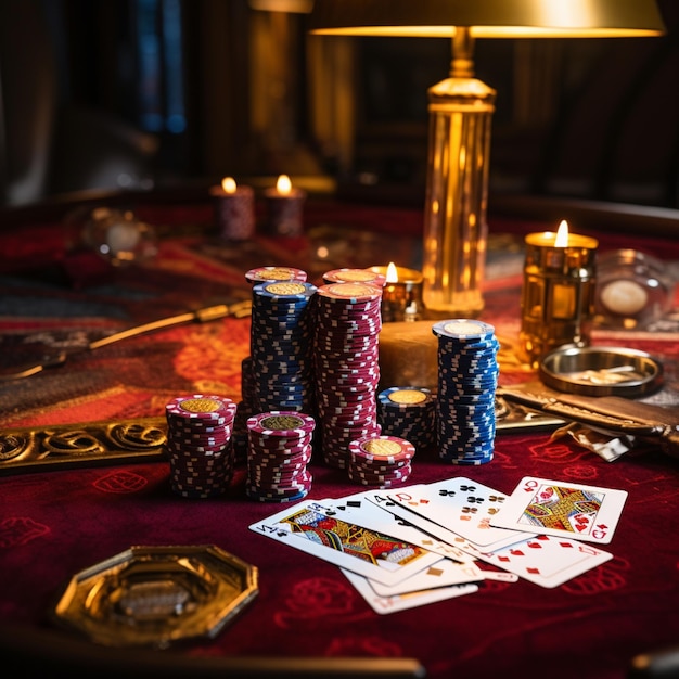 a poker table with chips and cards on it in the style of dynamic and energetic