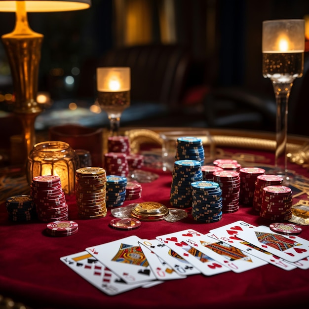 a poker table with chips and cards on it in the style of dynamic and energetic