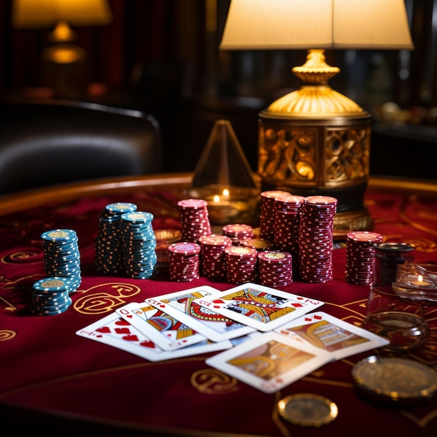 a poker table with chips and cards on it in the style of dynamic and energetic