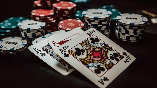 A poker table with a poker chips and a pair of aces.