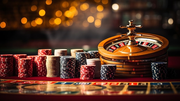 Pokerchips op een speeltafel met dramatische verlichting Foto van hoge kwaliteit