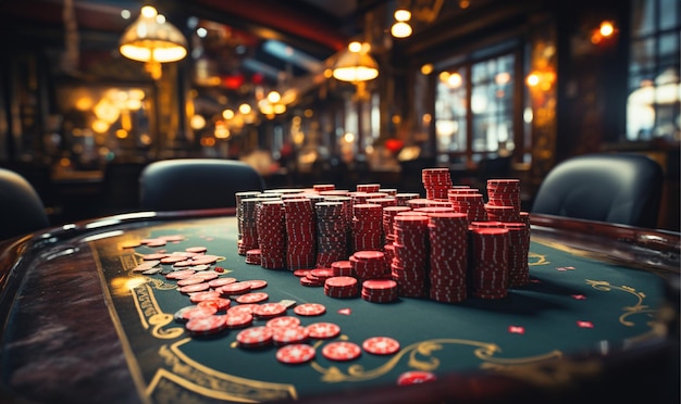 Pokerchips op een speeltafel met dramatische verlichting in casino op pokertafel close-up op chips van