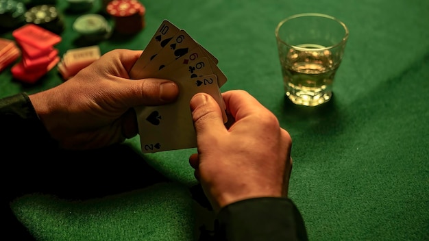 Pokerkaarten in handen met whiskyglas en pokerchips verspreid over groene tafel