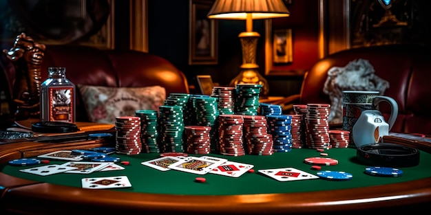 Pokertafel met kaarten, chips en spelers die hun kaarten deelen