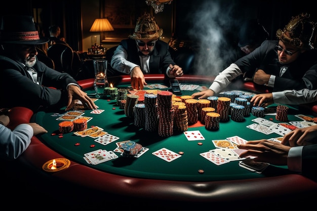 Foto pokertafel met kaartenchips en spelers die hun kaarten delen