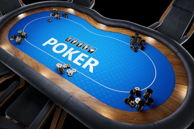 Pokertafel pokerkamer Pokerspel casino Texas hold'em online game kaartspellen 3D render 3D illustratie Modern design Tijdschriftstijl