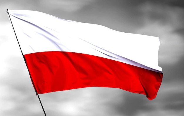 ポーランド 3 D 手を振る旗と灰色の雲の背景画像