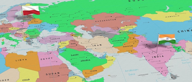 写真 ポーランドとインドの政治地図 3 d イラストレーション上のフラグをピンします。