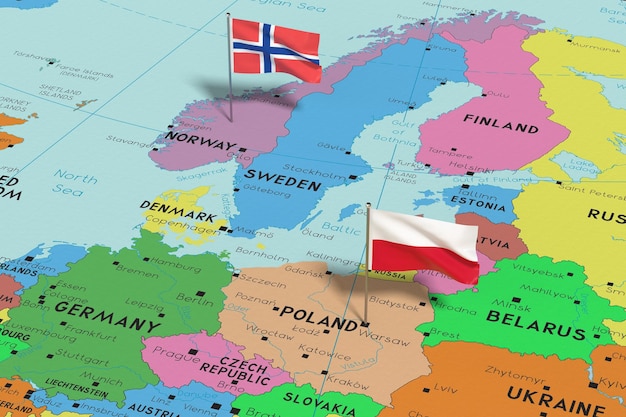 Фото Польша и норвегия прикрепляют флаги к политической карте 3d иллюстрации