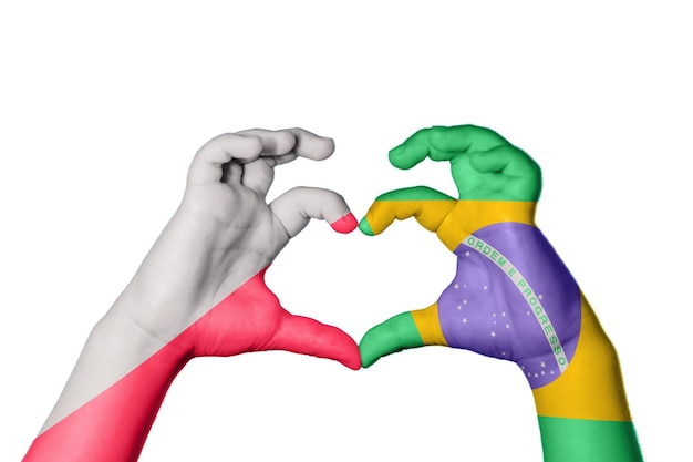 Poland Brazil Heart Hand gesture making heart Clipping Path