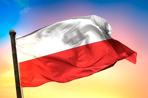 poland country flag, 3d flag, and color background.